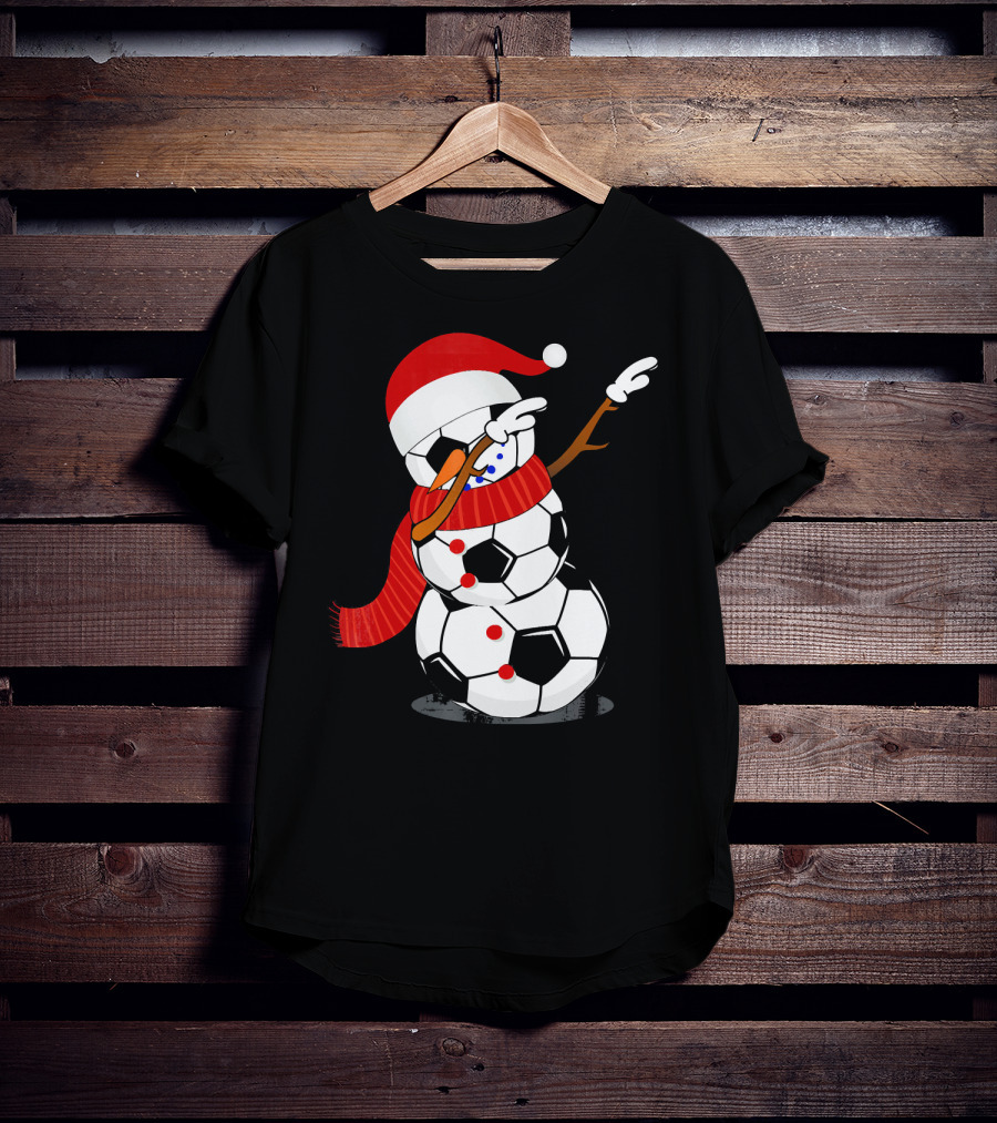 Festive Soccer Ball Dabbing Snowman With Santa Hat And Scarf T-Shirt