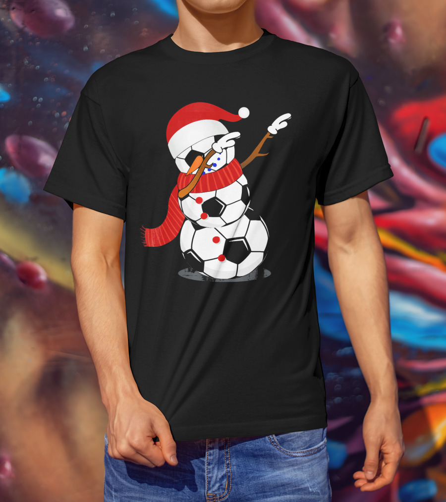 Festive Soccer Ball Dabbing Snowman With Santa Hat And Scarf T-Shirt