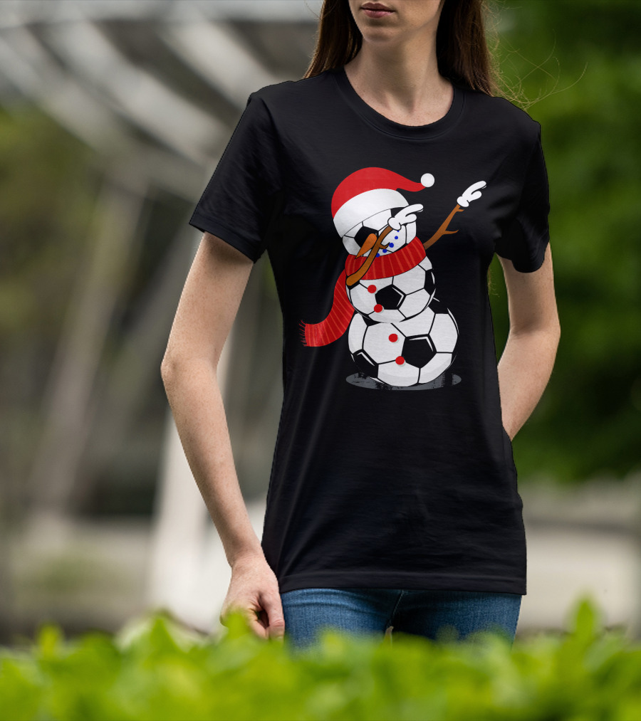 Festive Soccer Ball Dabbing Snowman With Santa Hat And Scarf T-Shirt