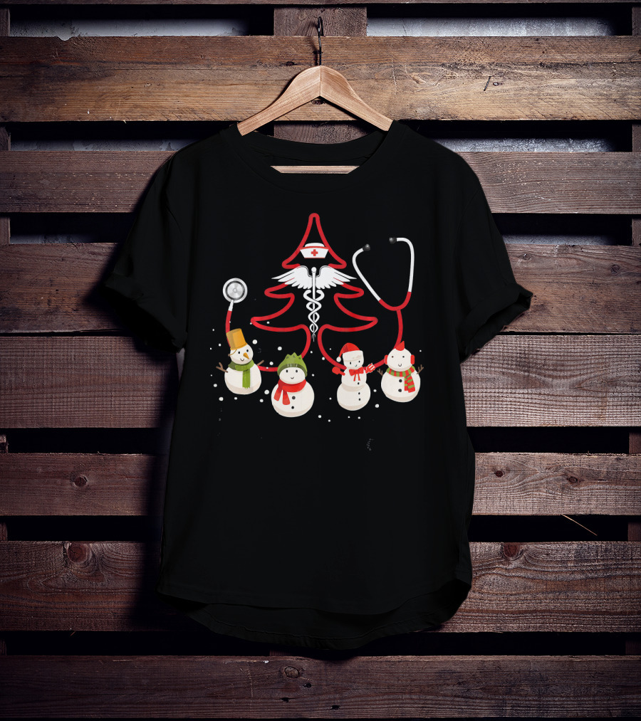 Nurse Christmas Costume Funny Chris Snowmen Stethoscope Tree T-Shirt