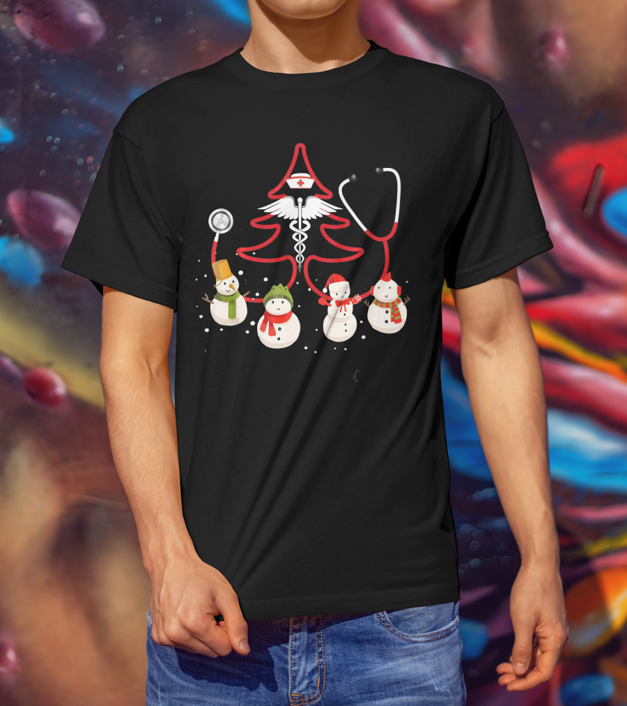 Nurse Christmas Costume Funny Chris Snowmen Stethoscope Tree T-Shirt