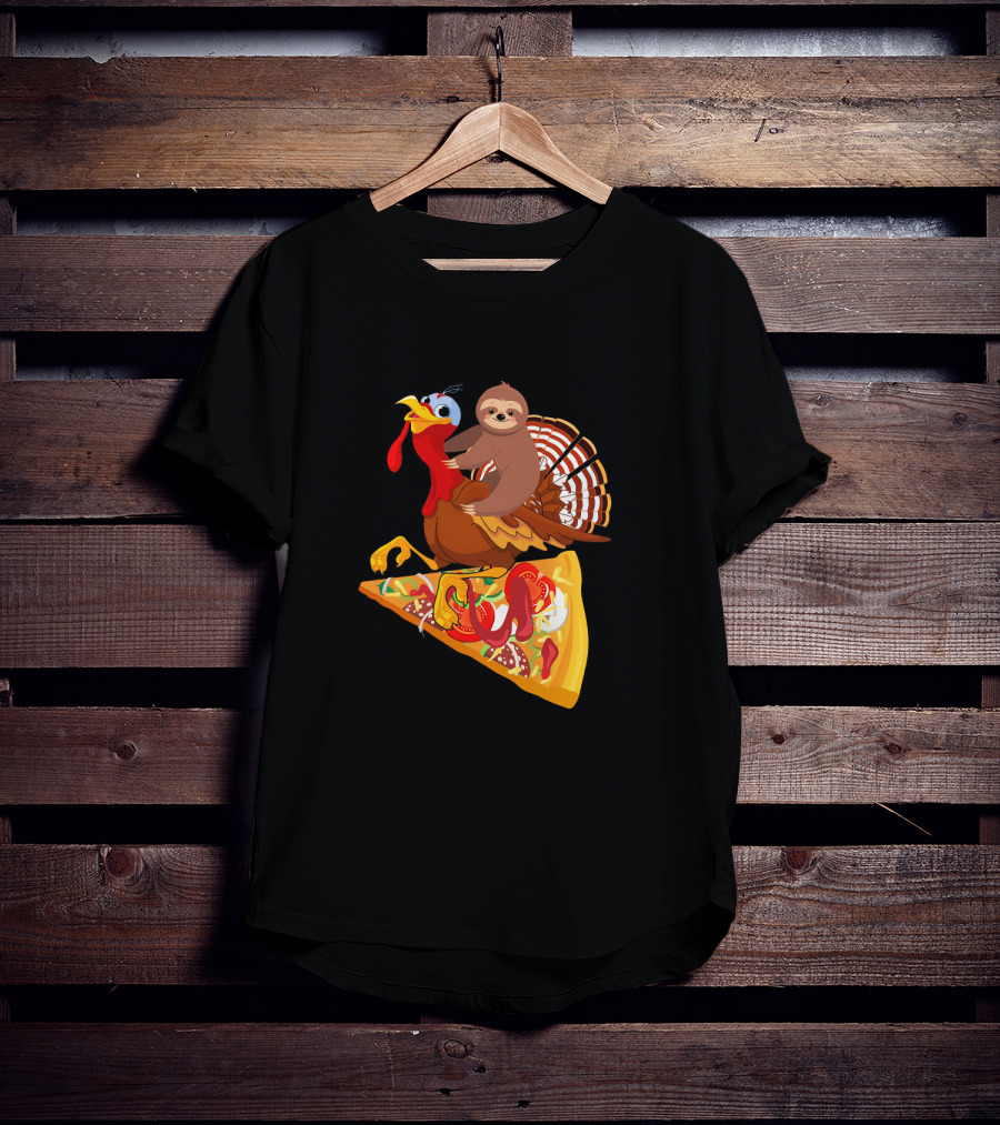 Sloth Riding Turkey On Pizza Slice Surreal Fun T-Shirt