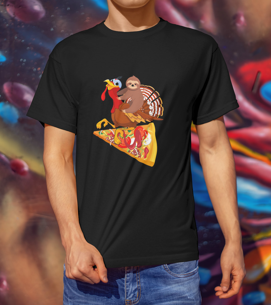 Sloth Riding Turkey On Pizza Slice Surreal Fun T-Shirt