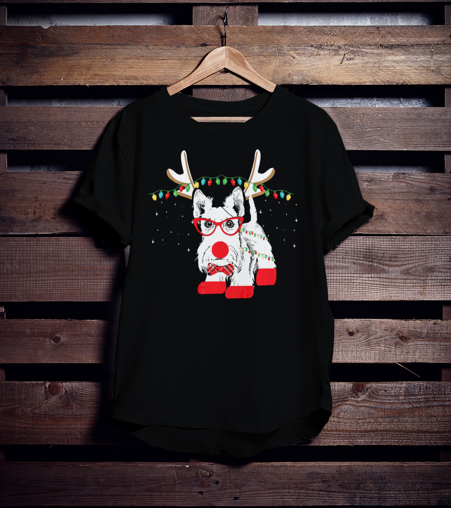 Scottie Dog Christmas Reindeer Lights And Bow Tie T-Shirt
