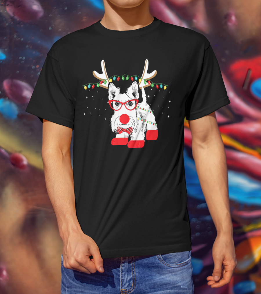 Scottie Dog Christmas Reindeer Lights And Bow Tie T-Shirt