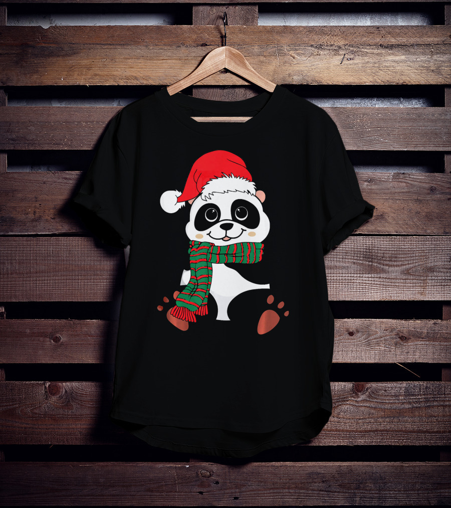 Christmas Panda In Santa Hat And Scarf Winter Vacation T-Shirt