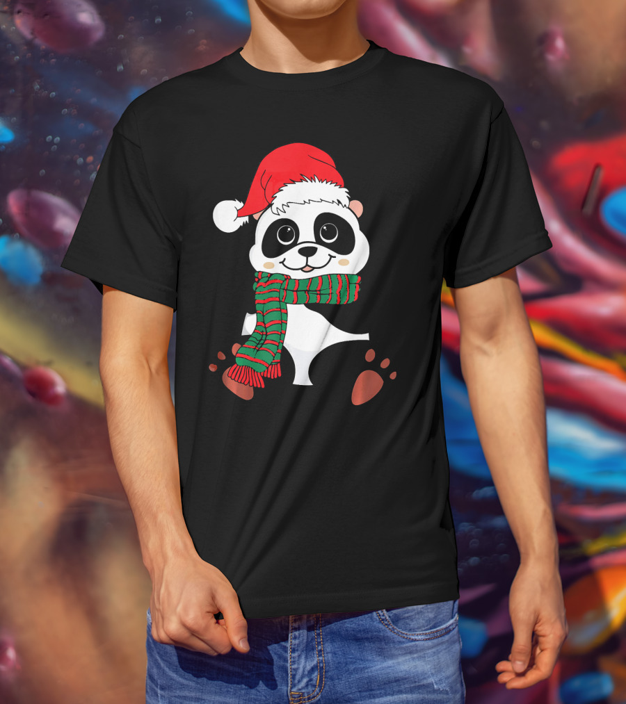 Christmas Panda In Santa Hat And Scarf Winter Vacation T-Shirt