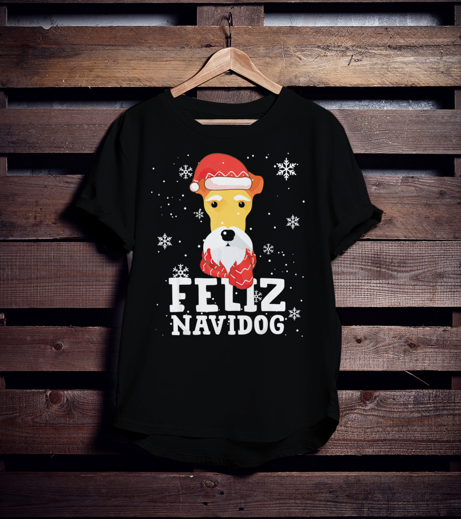 Feliz Navidog Fox Terrier Wire Dog Santa Hat Snowflakes T-Shirt