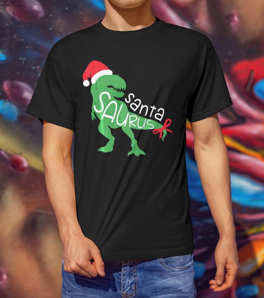 T Rex Dinosaur Santa Saurus Merry Funny Christmas Hat T-Shirt