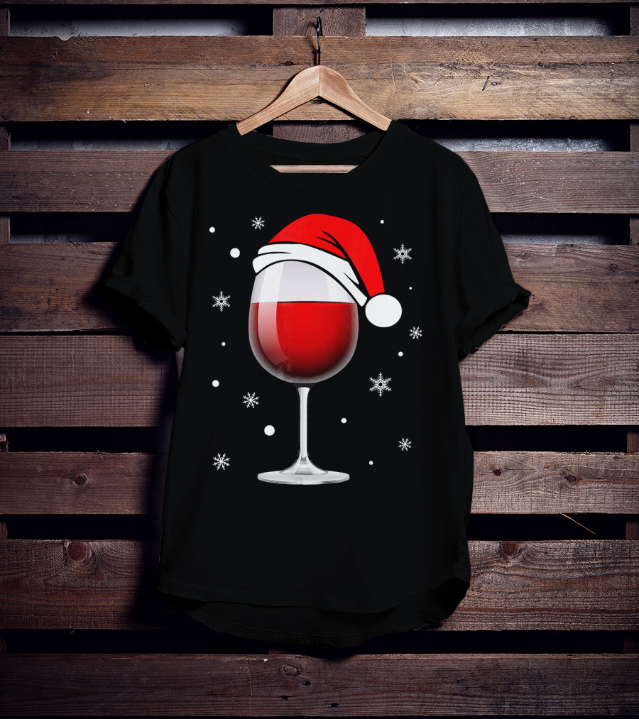Santa Hat Wine Glass Funny Christmas Holid Snowflakes T-Shirt
