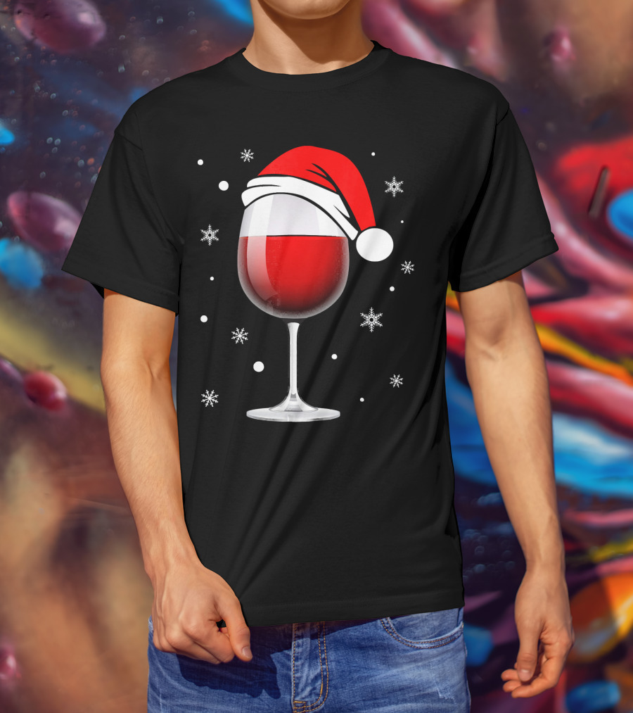 Santa Hat Wine Glass Funny Christmas Holid Snowflakes T-Shirt