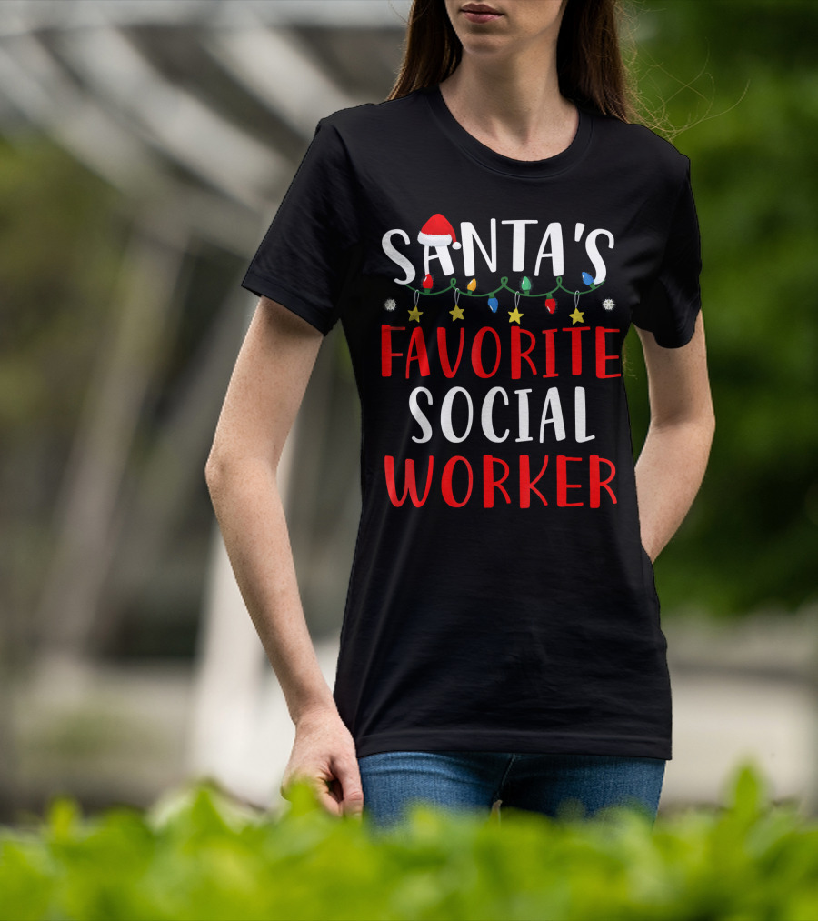 Santa's Favorite Social Worker Christmas Lights Festive Snowflakes Stars T-Shirt