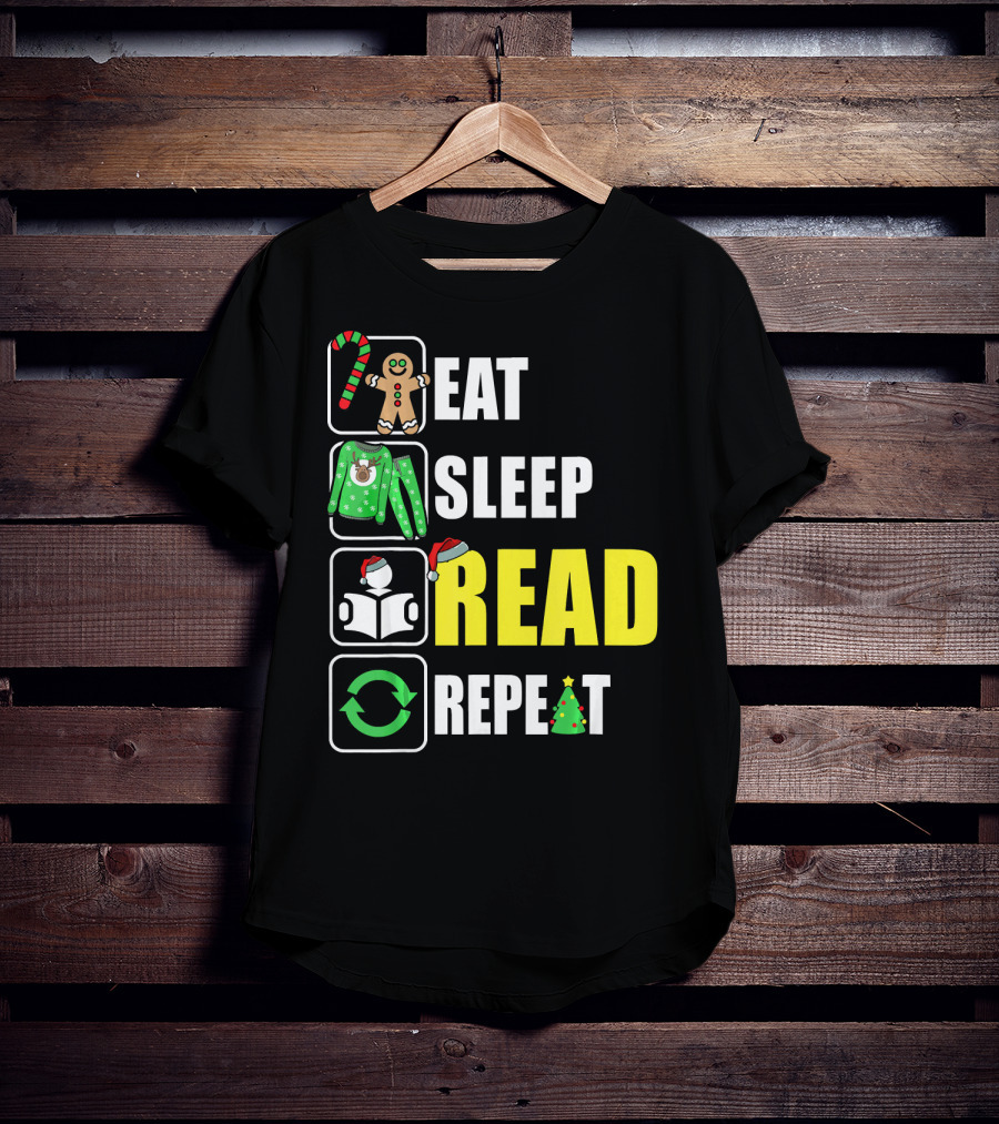 Eat Sleep Read Repeat Christmas Gingerbread Candy Cane Sweater Book Tree T-Shirt