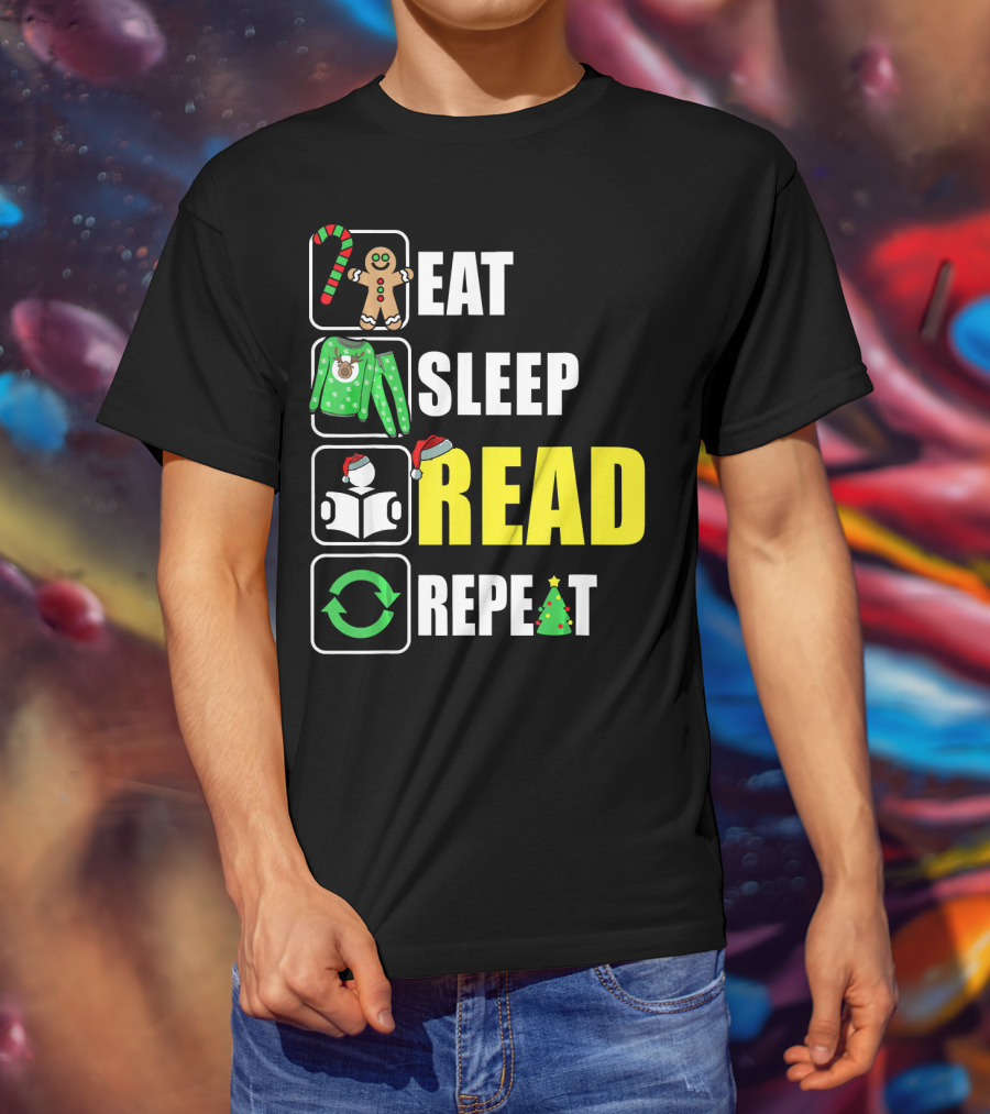 Eat Sleep Read Repeat Christmas Gingerbread Candy Cane Sweater Book Tree T-Shirt