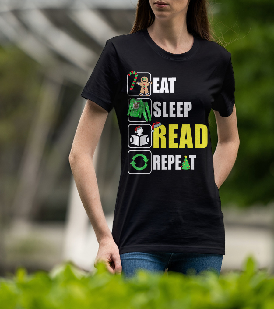 Eat Sleep Read Repeat Christmas Gingerbread Candy Cane Sweater Book Tree T-Shirt