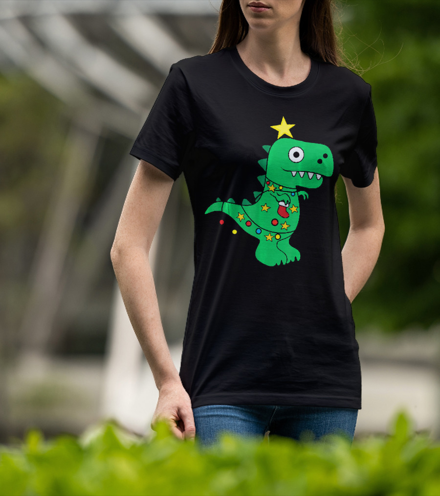 Christmas Dinosaur Rex With Star And Lights T-Shirt