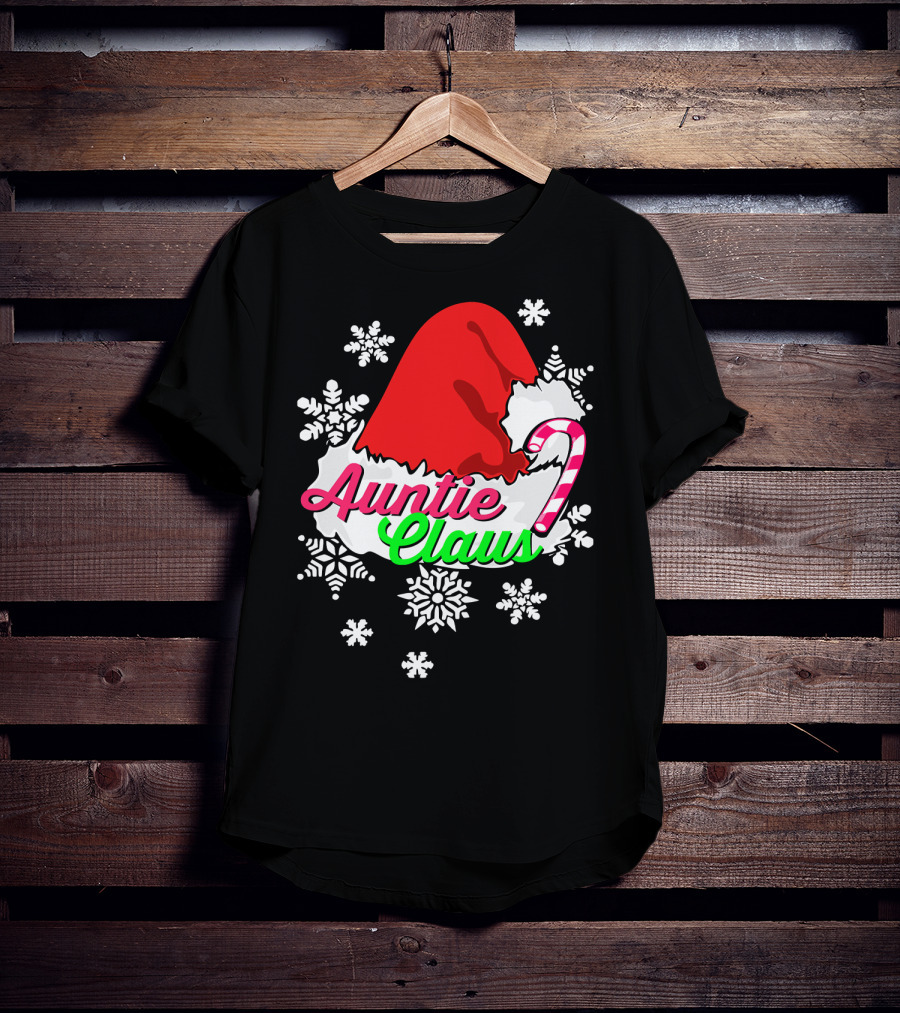 Auntie Claus Christmas Candy Cane Snowflakes Santa Hat T-Shirt