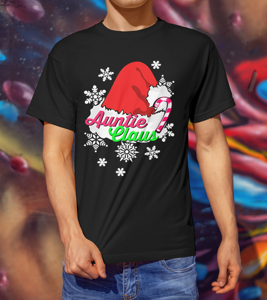 Auntie Claus Christmas Candy Cane Snowflakes Santa Hat T-Shirt