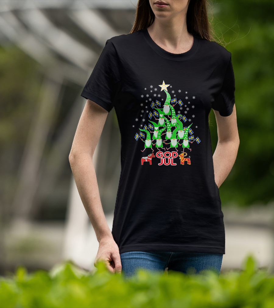 God Jul Christmas Tree Swedish Flags Tomte Nisse Dala Horse T-Shirt