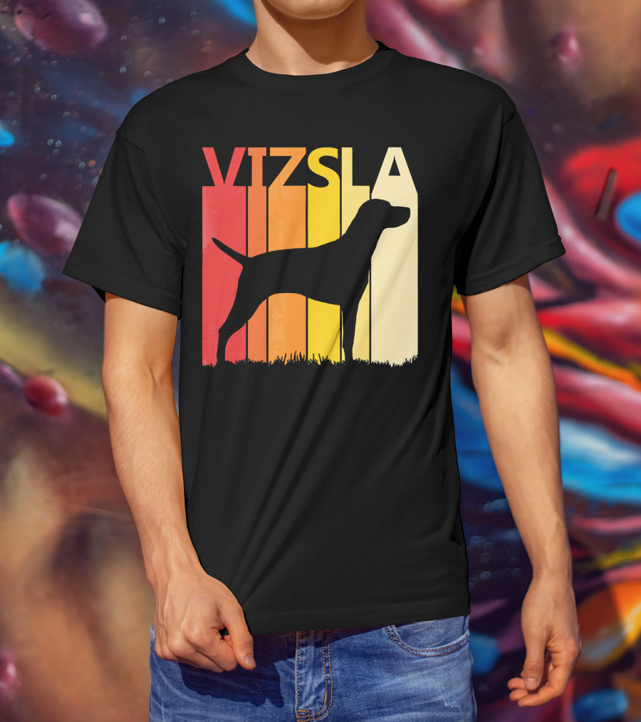 Retro Vizsla Dog Silhouette With Gradient Stripes T-Shirt