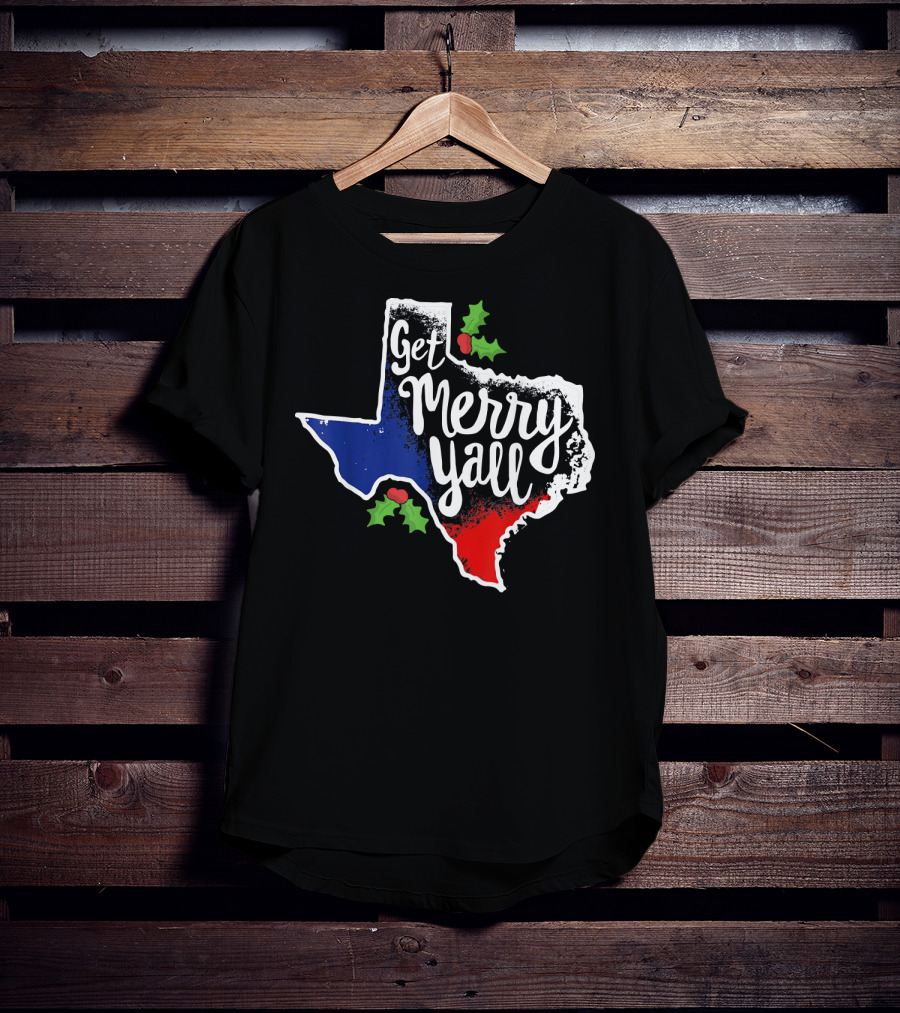 Get Merry Yall Texas State Outline Holly Berries Red White Blue T-Shirt