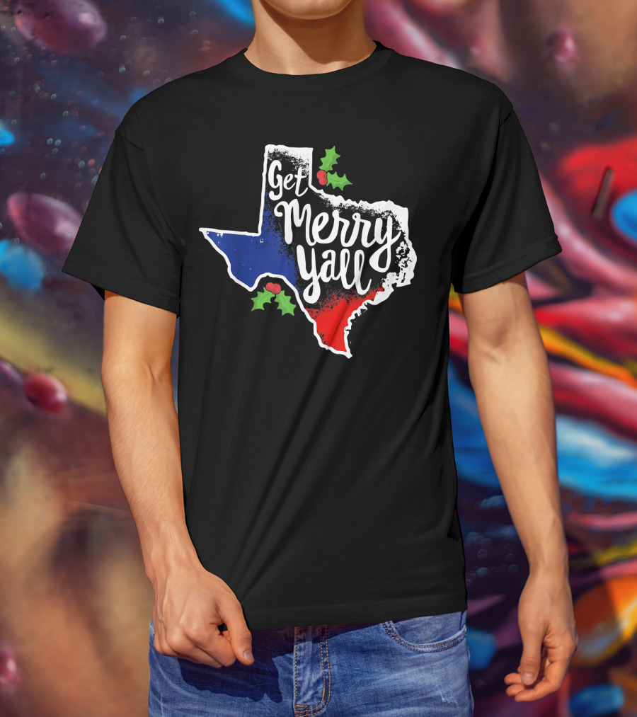 Get Merry Yall Texas State Outline Holly Berries Red White Blue T-Shirt