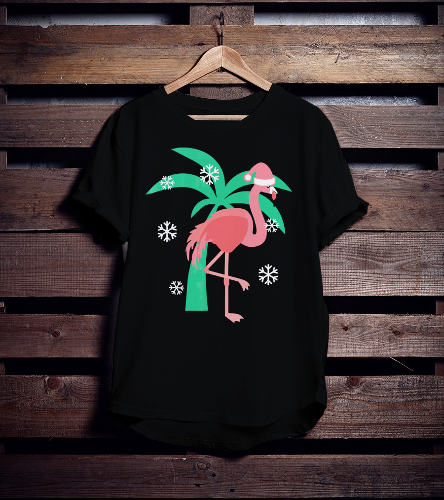 Pink Flamingo With Santa Hat And Palm Tree Snowflakes Christmas T-Shirt