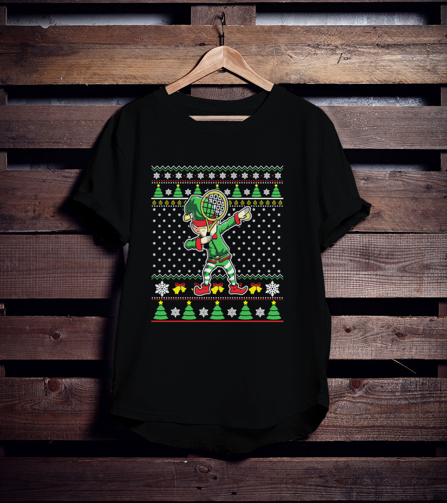 ELF Dabbing Tennis Dance Ugly Christmas T-Shirt