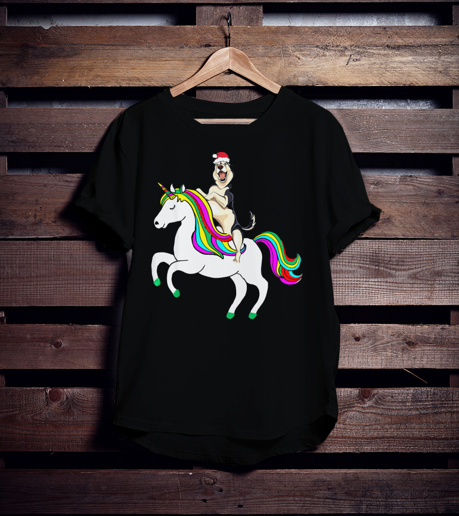 Pug Christmas Dog Riding Rainbow Unicorn T-Shirt
