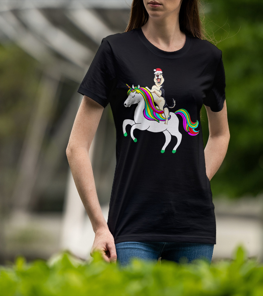 Pug Christmas Dog Riding Rainbow Unicorn T-Shirt