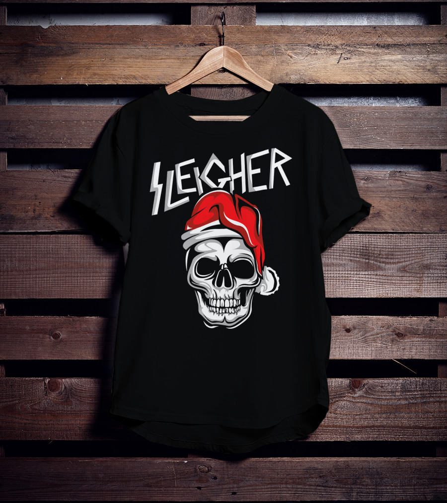 Sleigher Heavy Metal Music Skull With Santa Hat T-Shirt