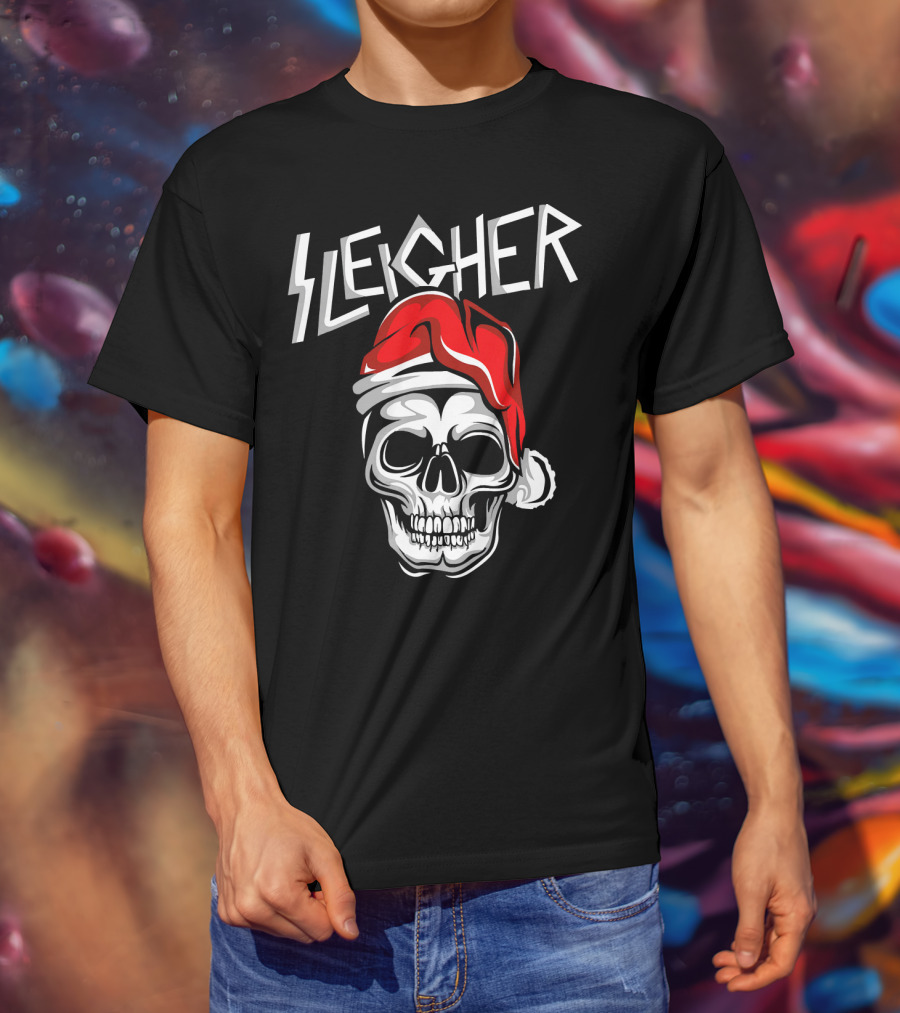 Sleigher Heavy Metal Music Skull With Santa Hat T-Shirt