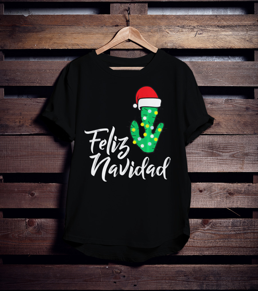Feliz Navidad Cactus With Santa Hat And Christmas Lights T-Shirt