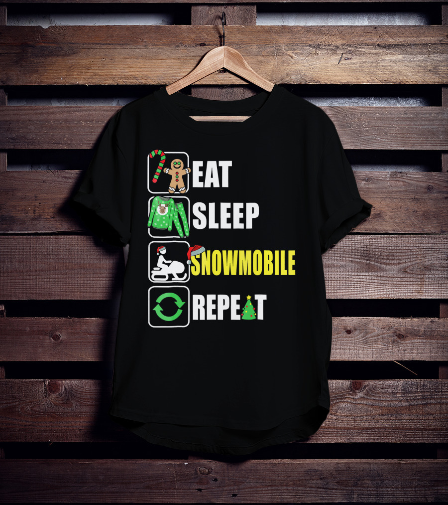 Eat Sleep Snowmobile Repeat Christmas Holiday Icons Gingerbread Sweater Candy Cane T-Shirt
