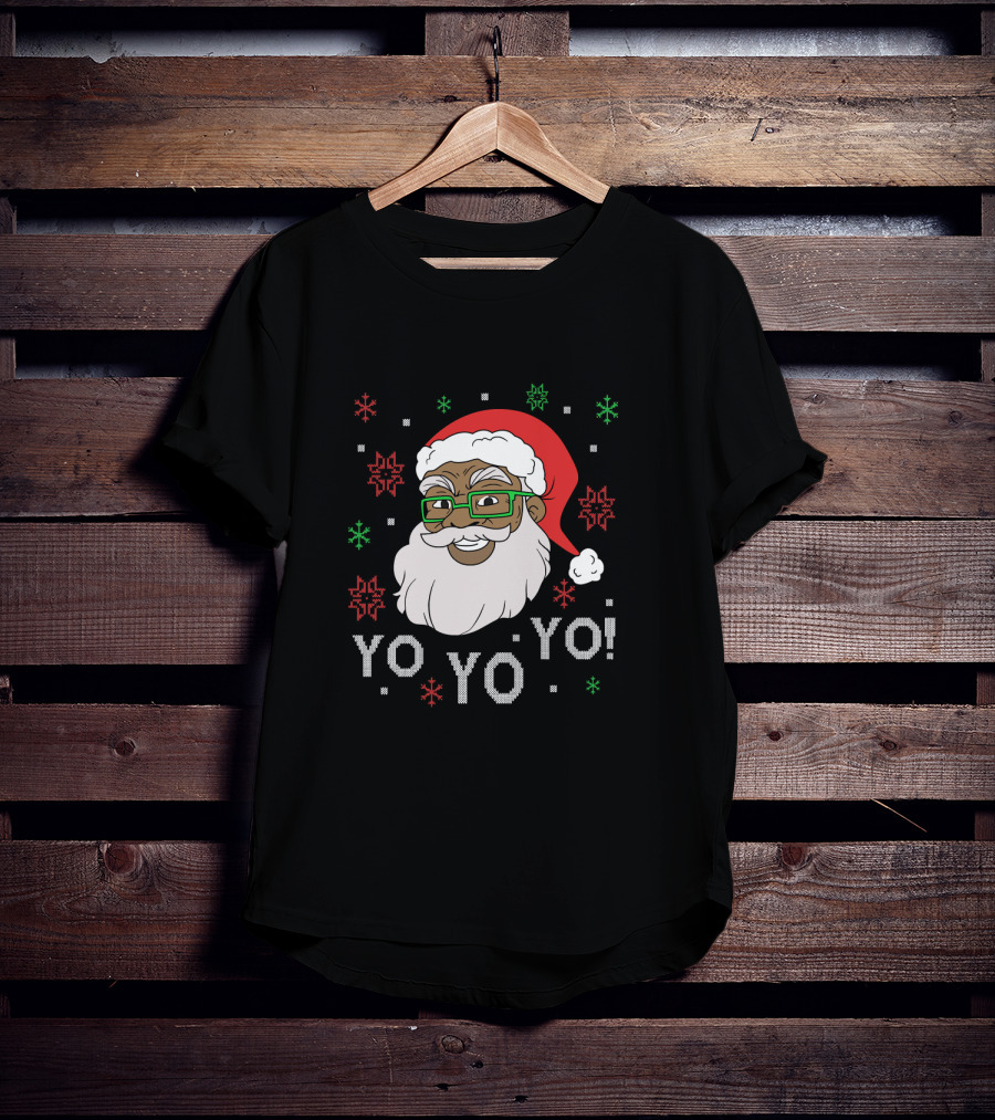 Yo Yo Yo Fun Black Santa Claus Christmas Snowflakes Glasses T-Shirt