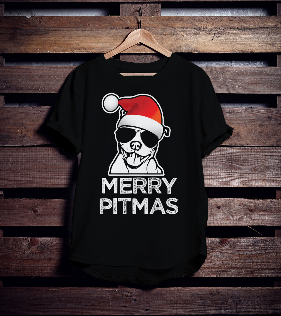 Merry Pitmas Funny Christmas Pitbull With Santa Hat And Sunglasses T-Shirt