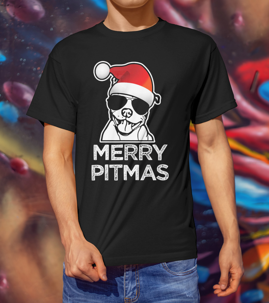 Merry Pitmas Funny Christmas Pitbull With Santa Hat And Sunglasses T-Shirt