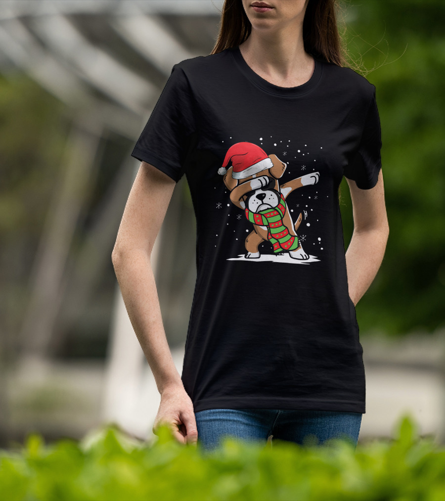 Santa Hat Dabbing Boxer With Christmas Scarf T-Shirt