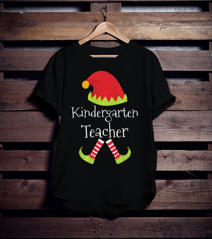 Kindergarten Teacher Christmas Elf Hat And Shoes Matching T-Shirt