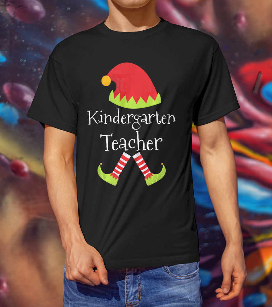 Kindergarten Teacher Christmas Elf Hat And Shoes Matching T-Shirt