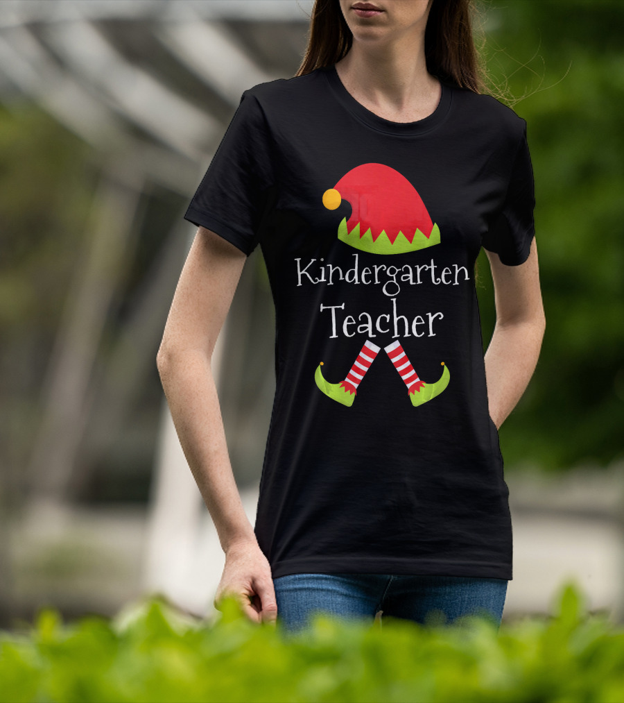 Kindergarten Teacher Christmas Elf Hat And Shoes Matching T-Shirt