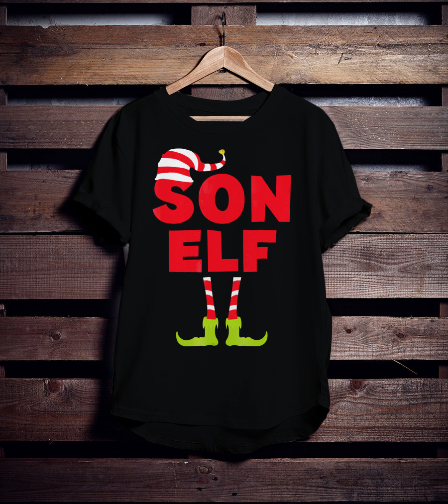 Son Elf Matching Christmas Costume Striped Hat And Socks T-Shirt