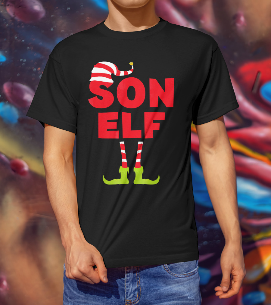 Son Elf Matching Christmas Costume Striped Hat And Socks T-Shirt