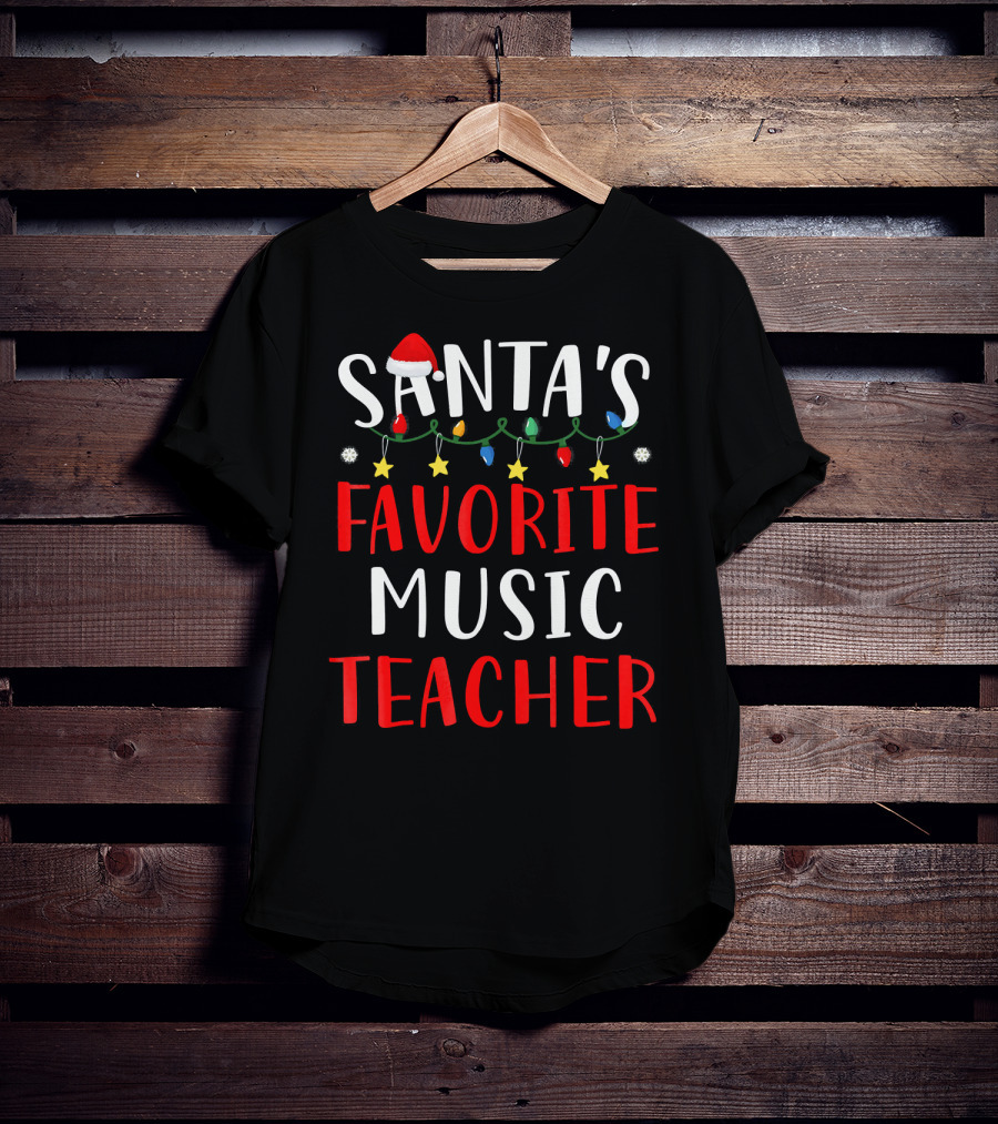 Santa's Favorite Music Teacher Holiday Lights And Stars T-Shirt