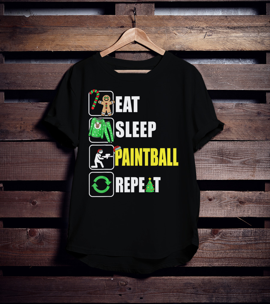 Eat Sleep Paintball Repeat Christmas Candy Cane Gingerbread Ugly Sweater Santa Hat Tree T-Shirt