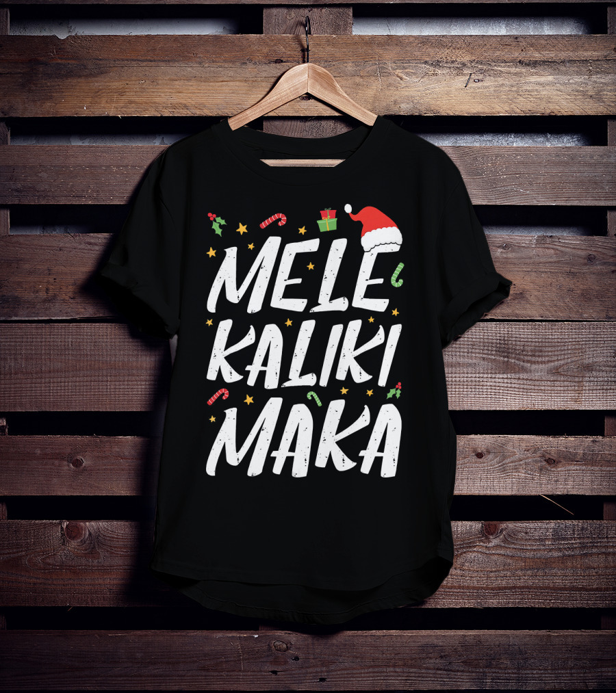 Mele Kalikimaka Christmas Hawaii Santa Hat Candy Canes Holly Presents T-Shirt