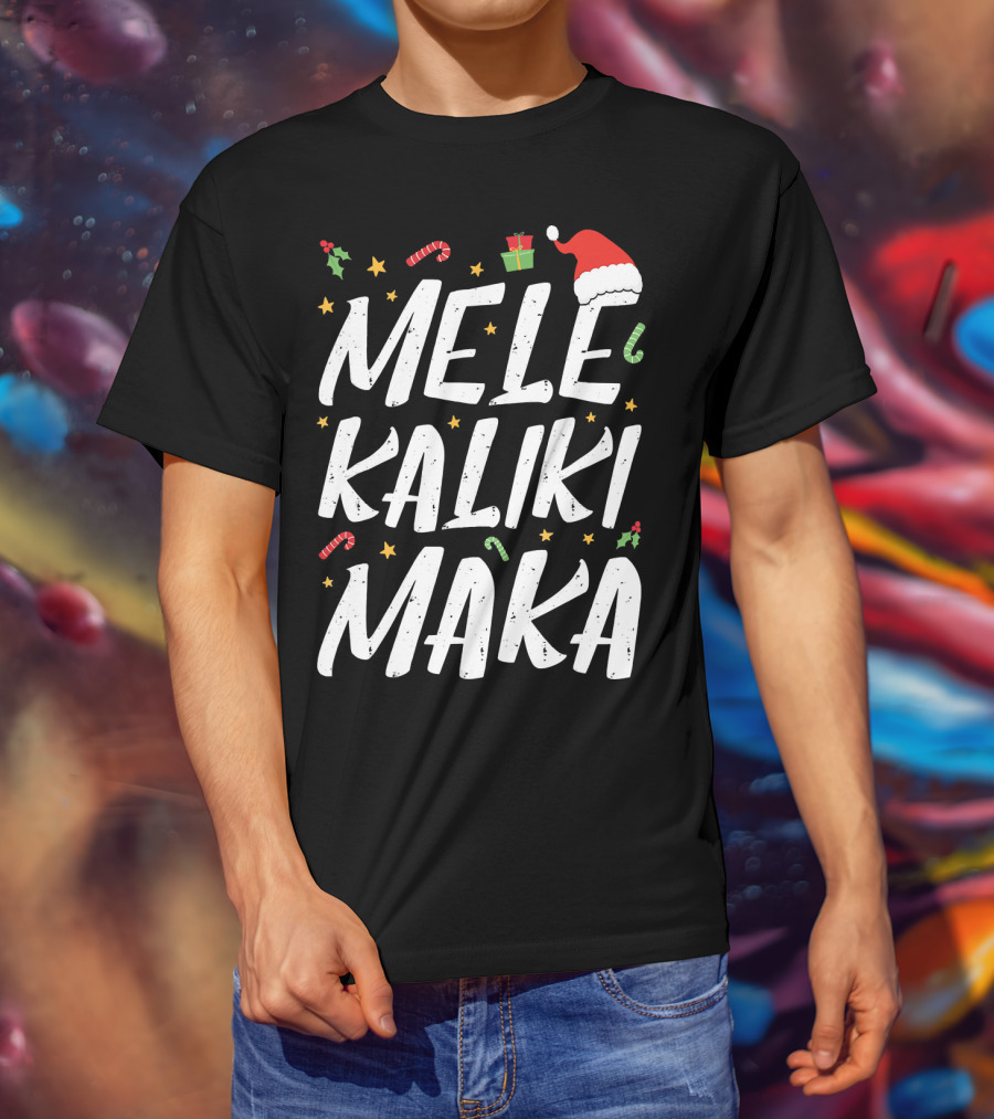 Mele Kalikimaka Christmas Hawaii Santa Hat Candy Canes Holly Presents T-Shirt