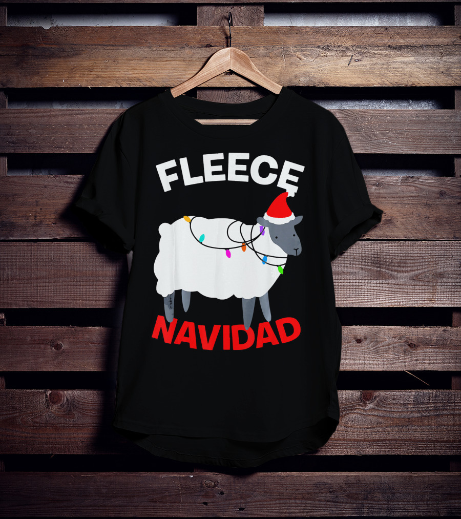 Fleece Navidad Funny Christmas Sheep Santa Hat Lights T-Shirt