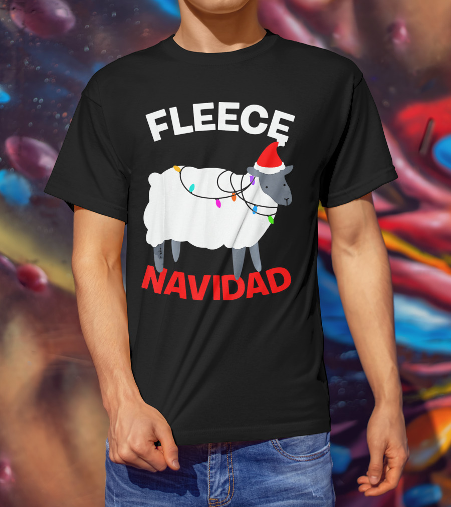 Fleece Navidad Funny Christmas Sheep Santa Hat Lights T-Shirt