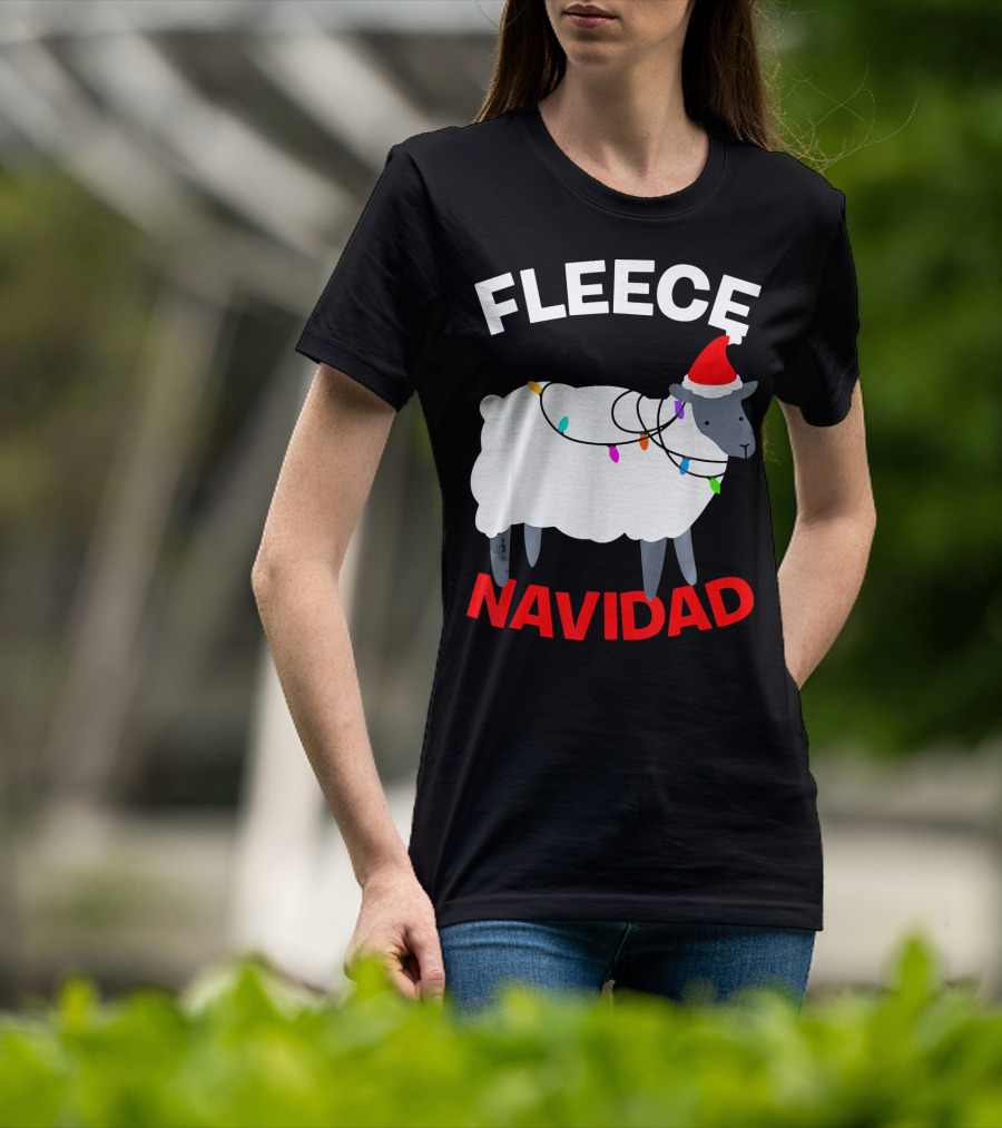 Fleece Navidad Funny Christmas Sheep Santa Hat Lights T-Shirt